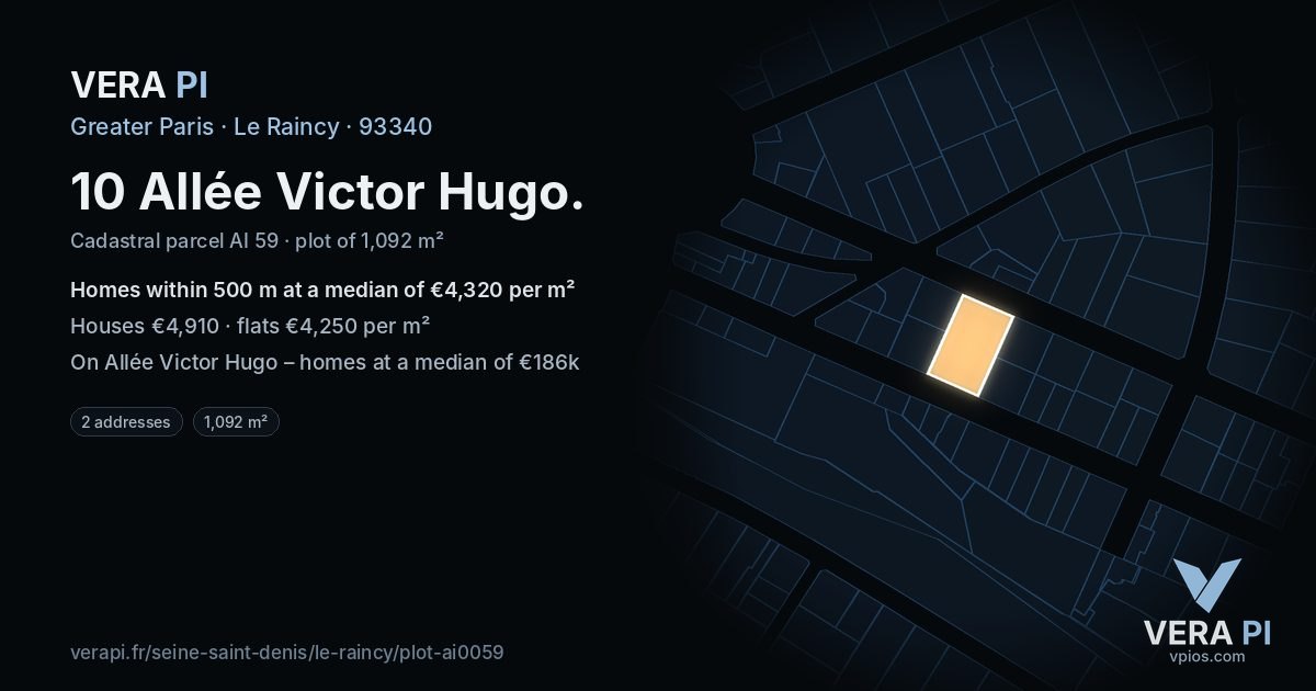 10 Allée Victor Hugo, Le Raincy at night – the plot lit, the parcels around coloured by the prices near them