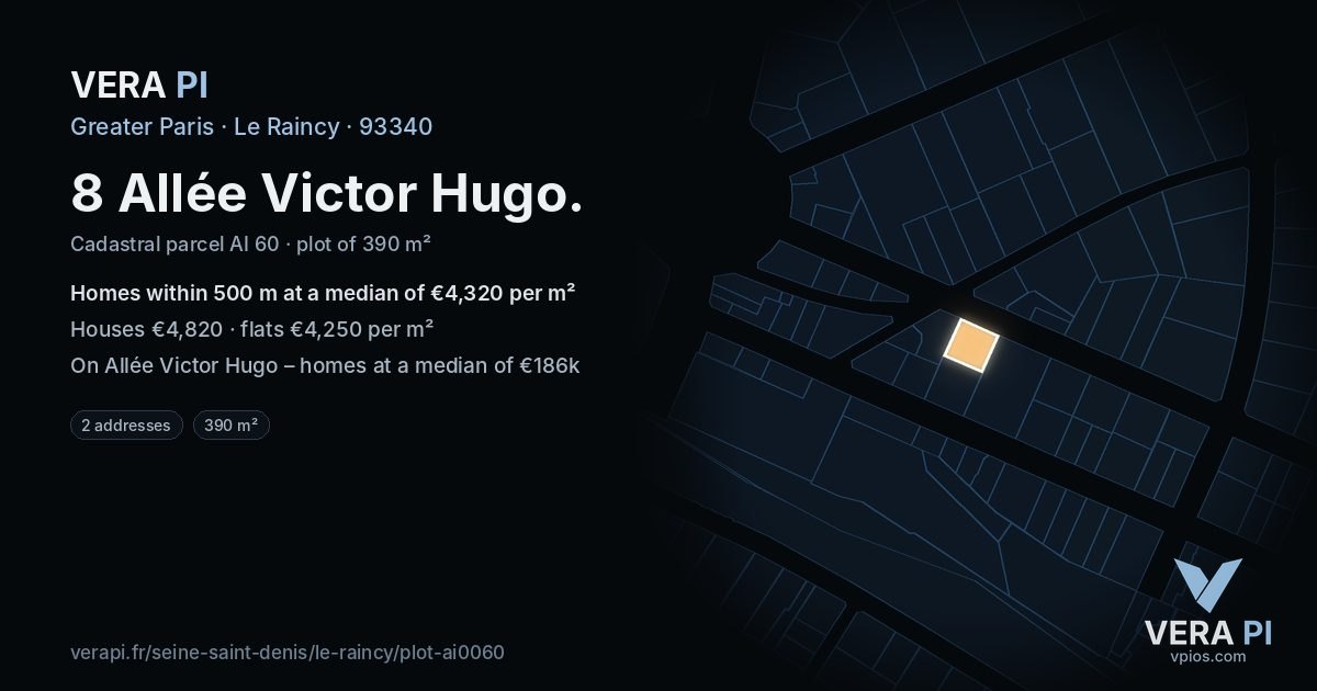 8 Allée Victor Hugo, Le Raincy at night – the plot lit, the parcels around coloured by the prices near them