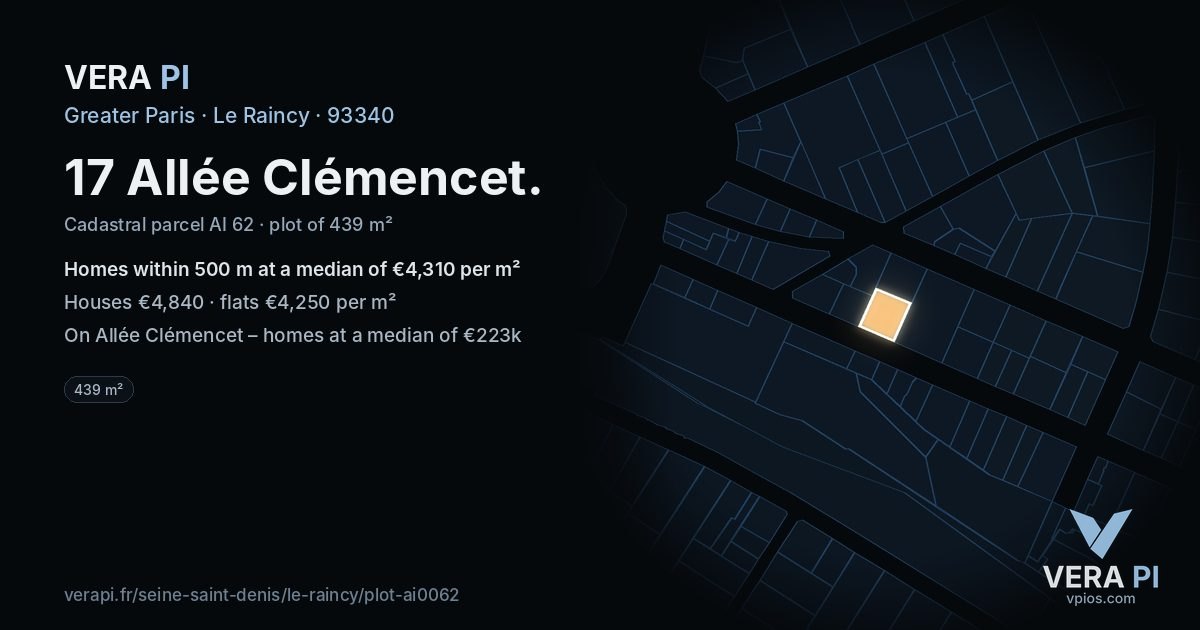 17 Allée Clémencet, Le Raincy at night – the plot lit, the parcels around coloured by the prices near them