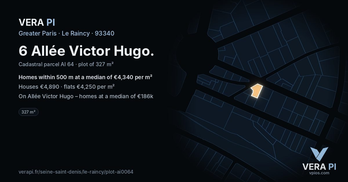 6 Allée Victor Hugo, Le Raincy at night – the plot lit, the parcels around coloured by the prices near them