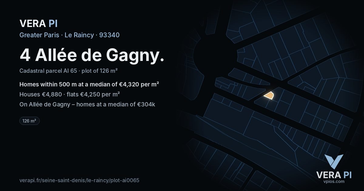 4 Allée de Gagny, Le Raincy at night – the plot lit, the parcels around coloured by the prices near them