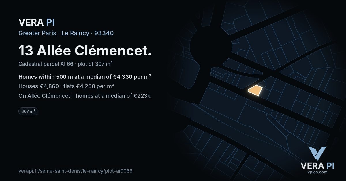 13 Allée Clémencet, Le Raincy at night – the plot lit, the parcels around coloured by the prices near them