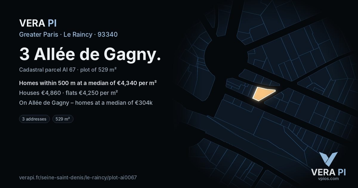 3 Allée de Gagny, Le Raincy at night – the plot lit, the parcels around coloured by the prices near them