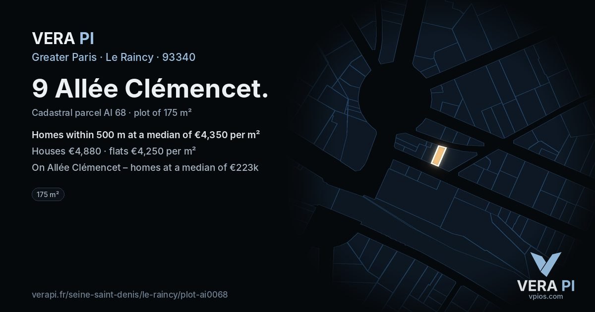 9 Allée Clémencet, Le Raincy at night – the plot lit, the parcels around coloured by the prices near them