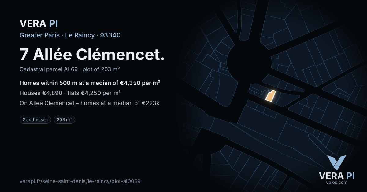 7 Allée Clémencet, Le Raincy at night – the plot lit, the parcels around coloured by the prices near them