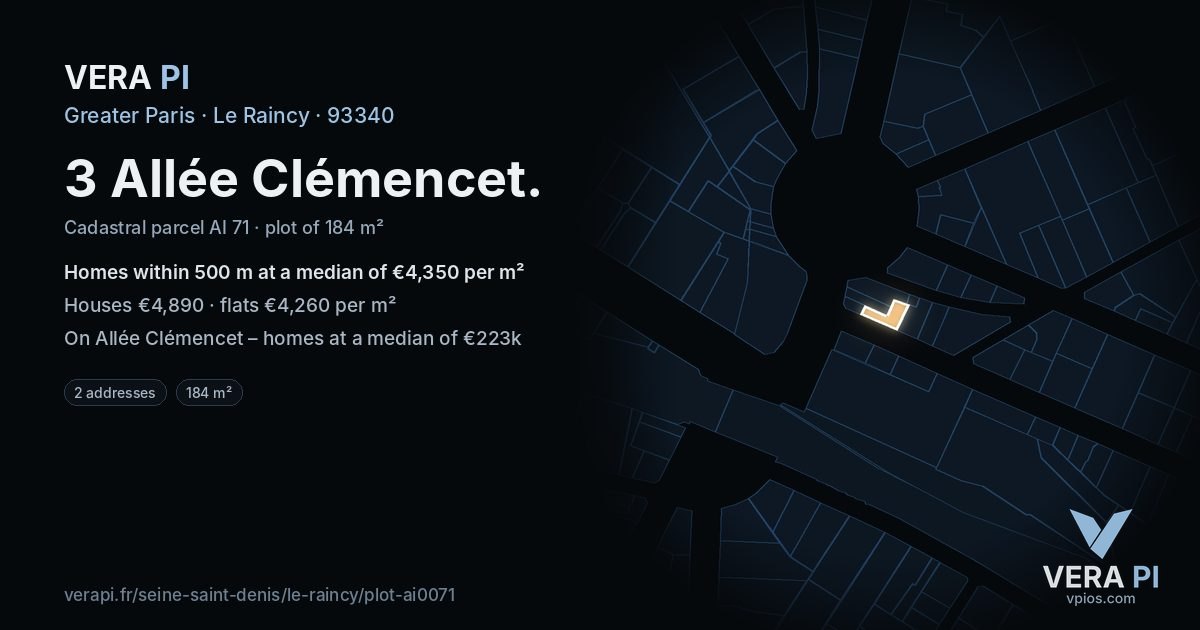 3 Allée Clémencet, Le Raincy at night – the plot lit, the parcels around coloured by the prices near them