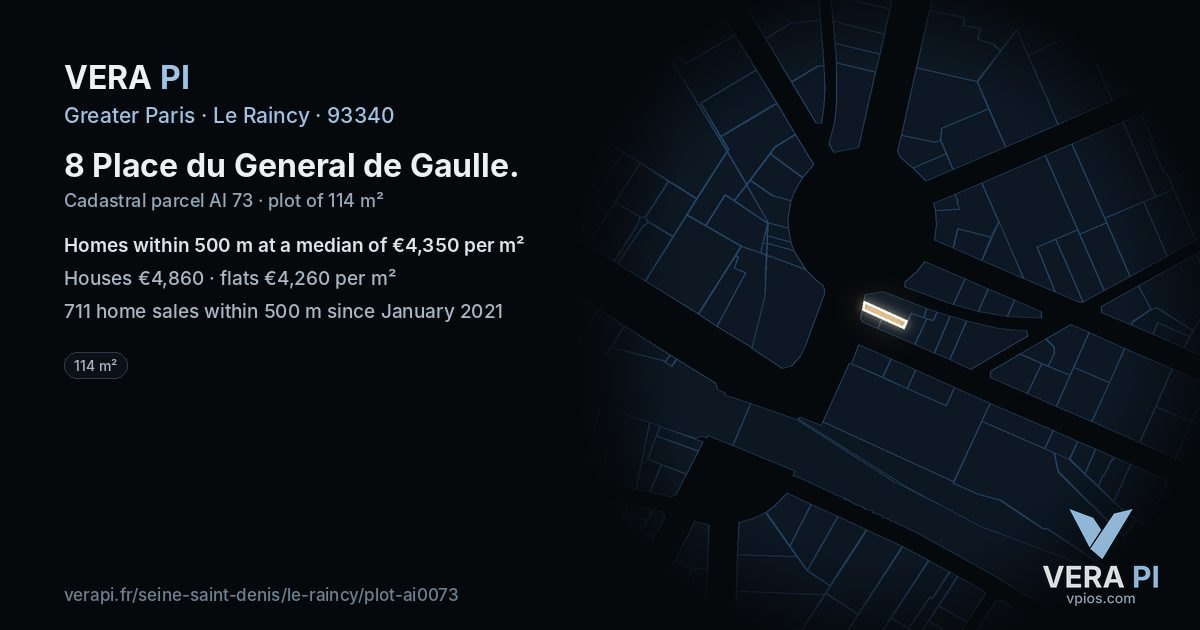 8 Place du General de Gaulle, Le Raincy at night – the plot lit, the parcels around coloured by the prices near them