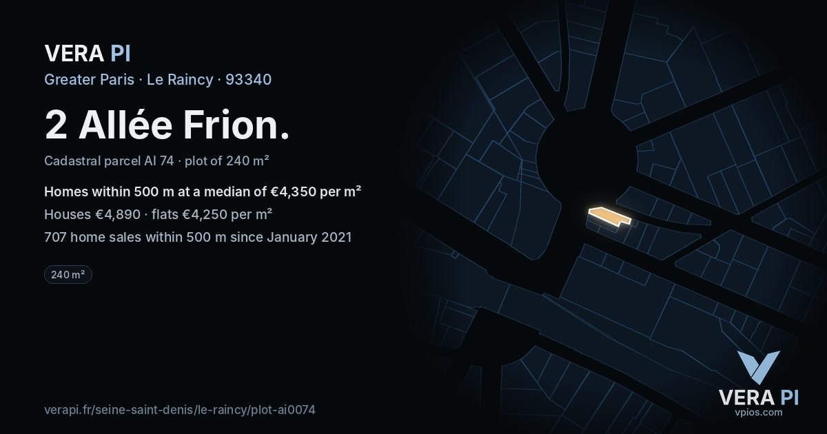 2 Allée Frion, Le Raincy at night – the plot lit, the parcels around coloured by the prices near them