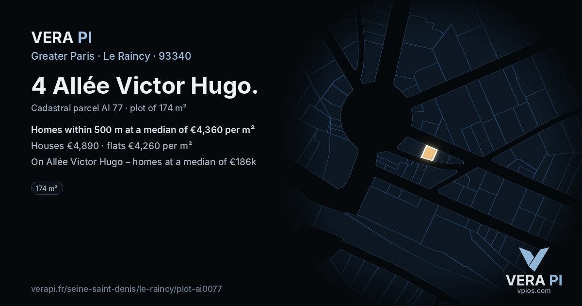 4 Allée Victor Hugo, Le Raincy at night – the plot lit, the parcels around coloured by the prices near them