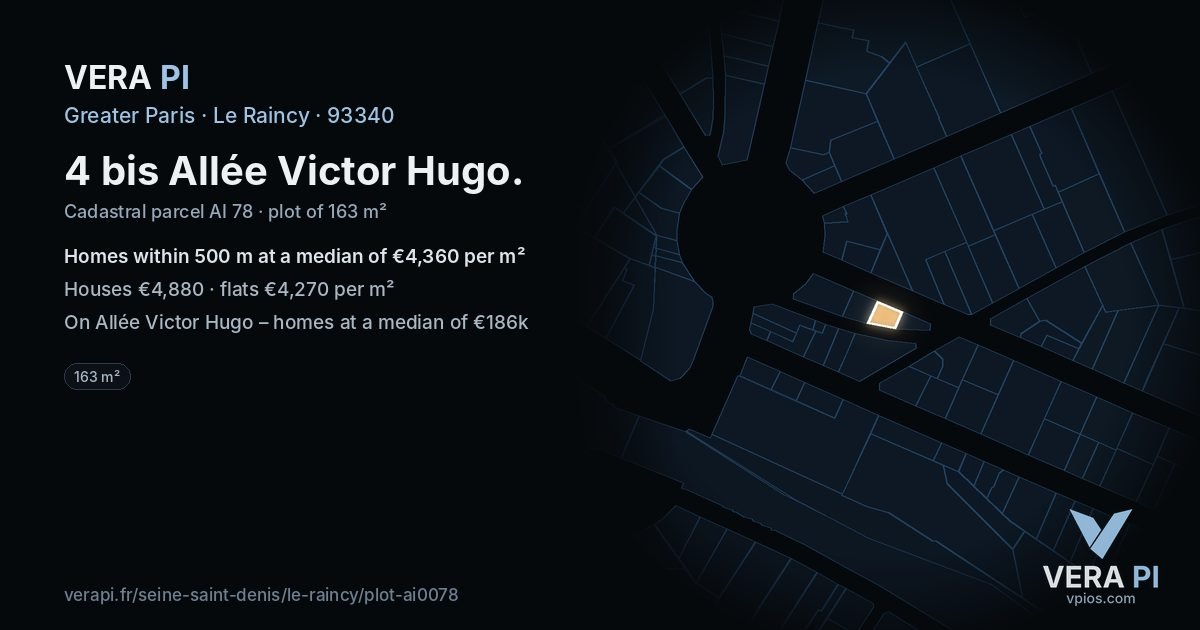 4 bis Allée Victor Hugo, Le Raincy at night – the plot lit, the parcels around coloured by the prices near them