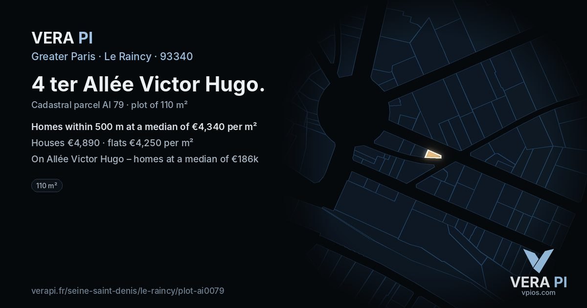 4 ter Allée Victor Hugo, Le Raincy at night – the plot lit, the parcels around coloured by the prices near them