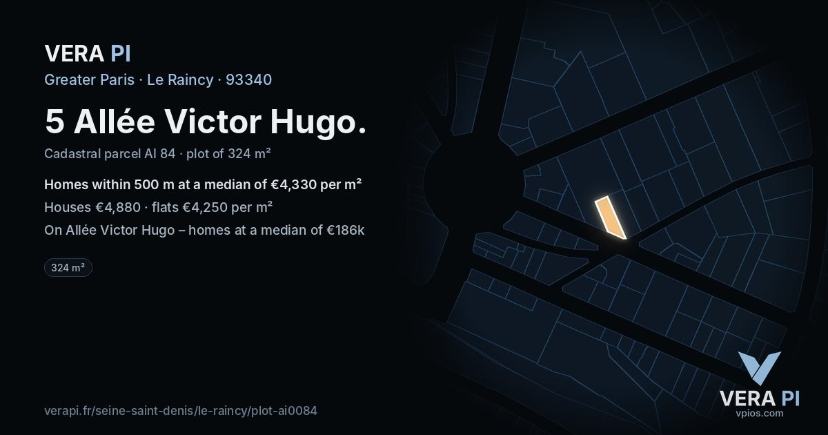 5 Allée Victor Hugo, Le Raincy at night – the plot lit, the parcels around coloured by the prices near them