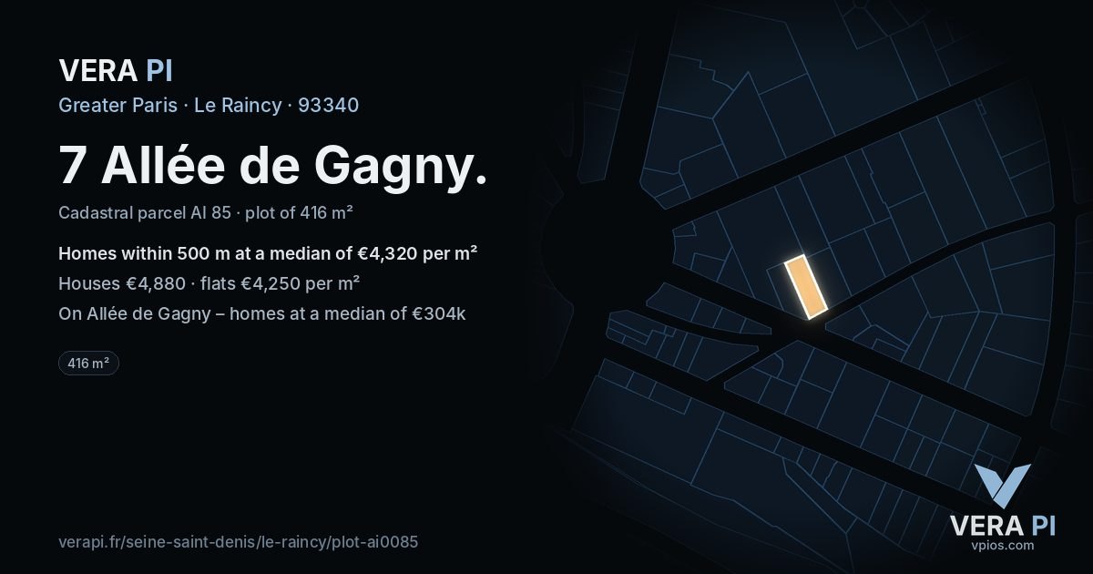 7 Allée de Gagny, Le Raincy at night – the plot lit, the parcels around coloured by the prices near them