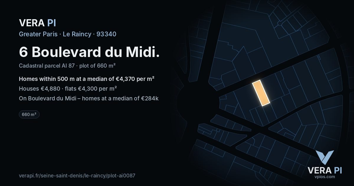6 Boulevard du Midi, Le Raincy at night – the plot lit, the parcels around coloured by the prices near them