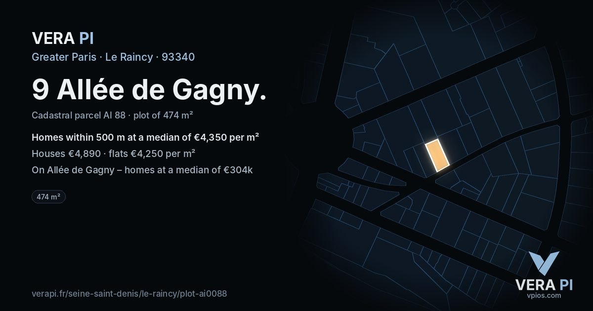 9 Allée de Gagny, Le Raincy at night – the plot lit, the parcels around coloured by the prices near them