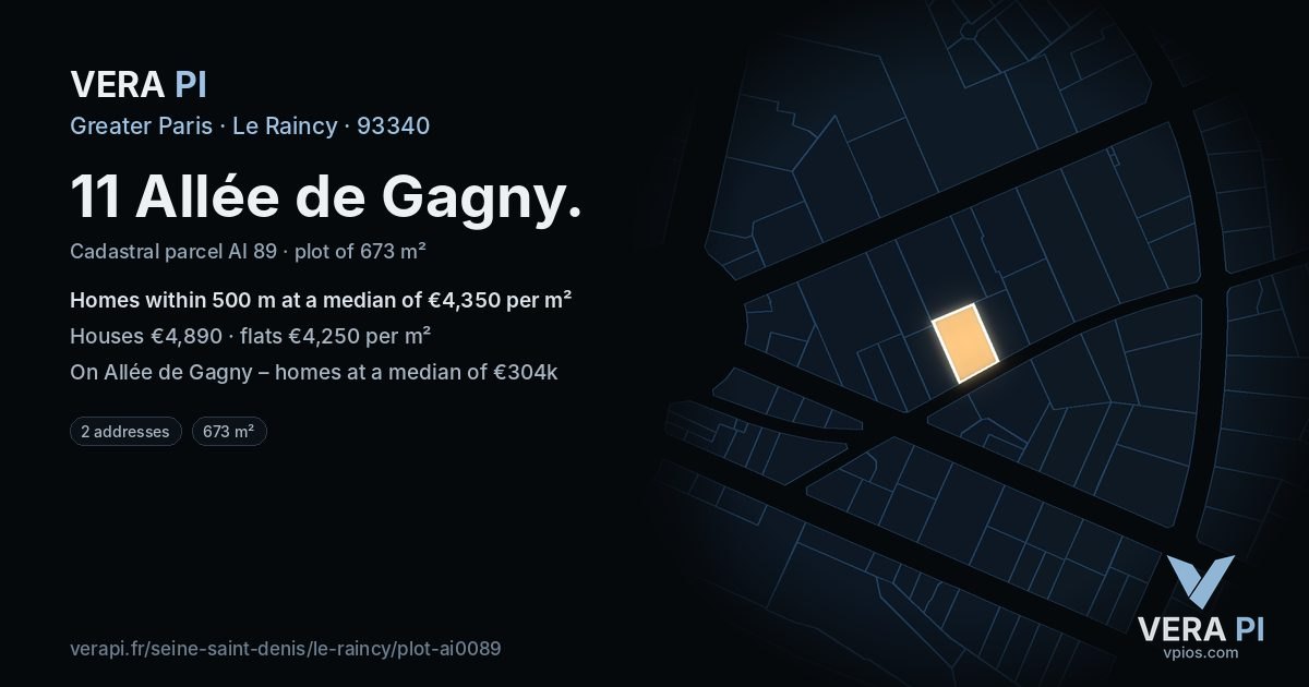 11 Allée de Gagny, Le Raincy at night – the plot lit, the parcels around coloured by the prices near them