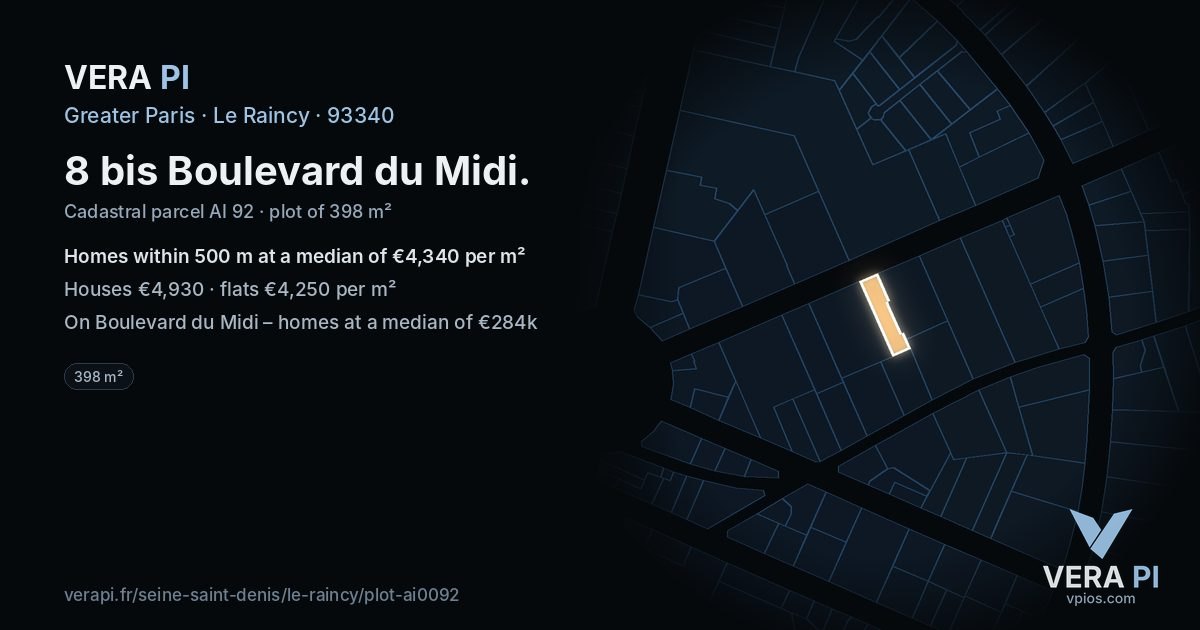 8 bis Boulevard du Midi, Le Raincy at night – the plot lit, the parcels around coloured by the prices near them