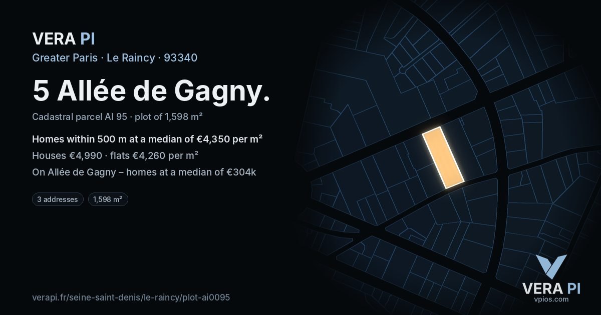 5 Allée de Gagny, Le Raincy at night – the plot lit, the parcels around coloured by the prices near them