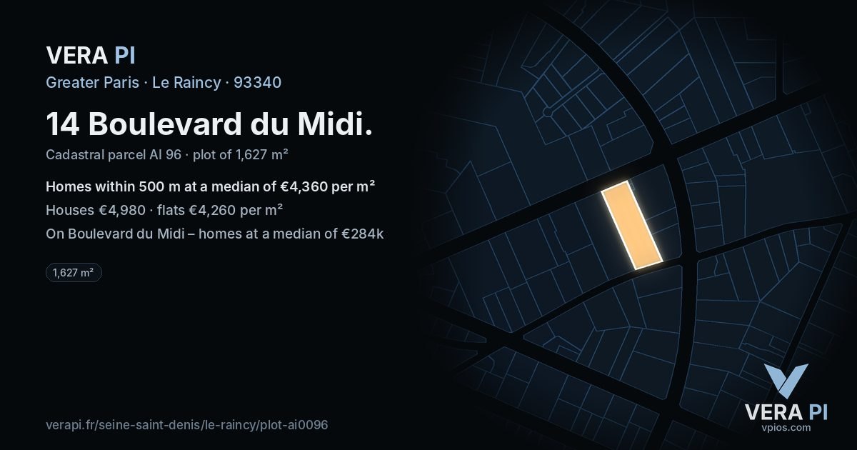 14 Boulevard du Midi, Le Raincy at night – the plot lit, the parcels around coloured by the prices near them