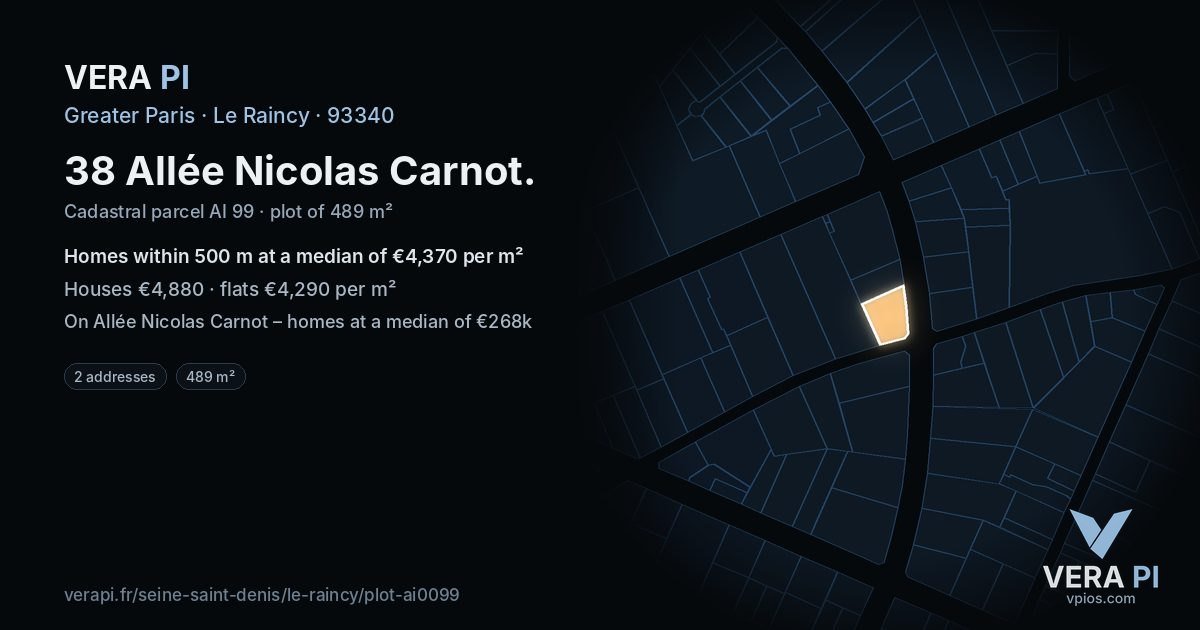 38 Allée Nicolas Carnot, Le Raincy at night – the plot lit, the parcels around coloured by the prices near them