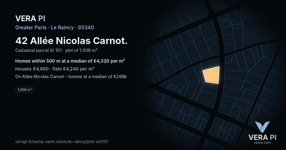 42 Allée Nicolas Carnot, Le Raincy at night – the plot lit, the parcels around coloured by the prices near them