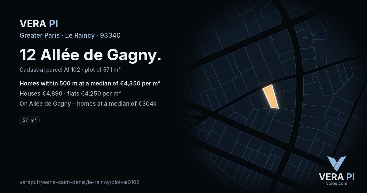 12 Allée de Gagny, Le Raincy at night – the plot lit, the parcels around coloured by the prices near them