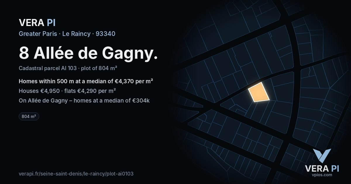 8 Allée de Gagny, Le Raincy at night – the plot lit, the parcels around coloured by the prices near them
