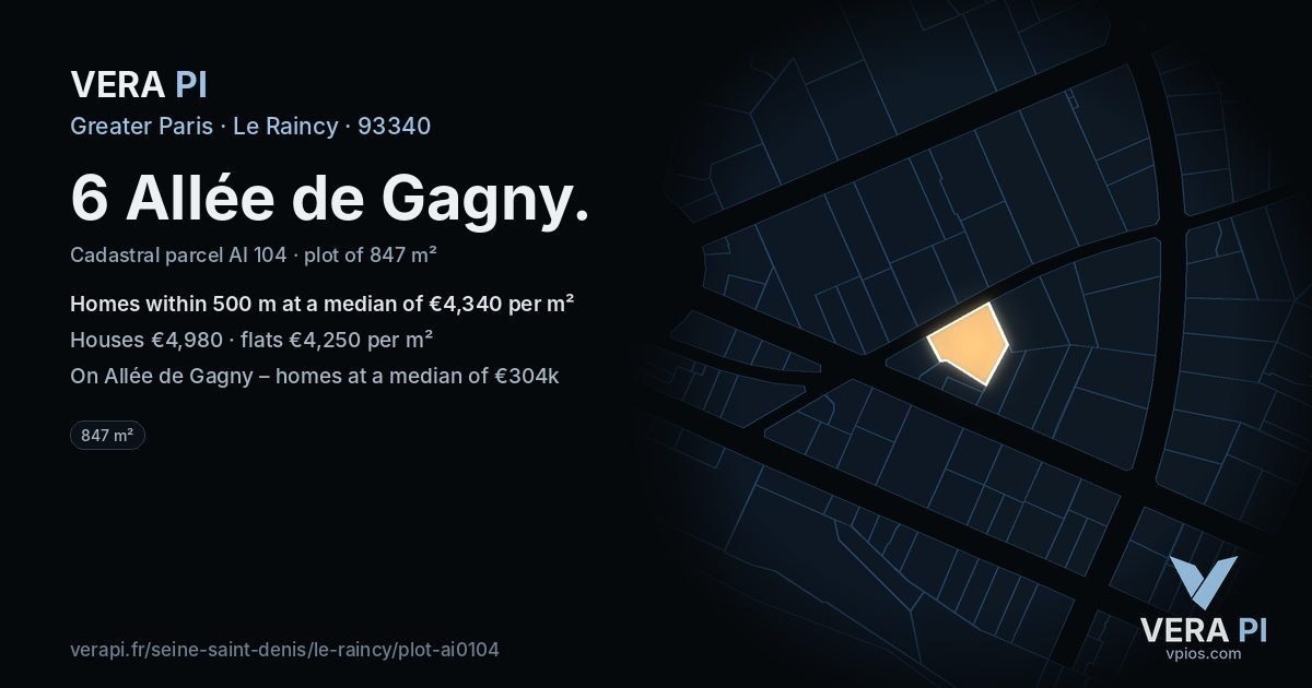 6 Allée de Gagny, Le Raincy at night – the plot lit, the parcels around coloured by the prices near them