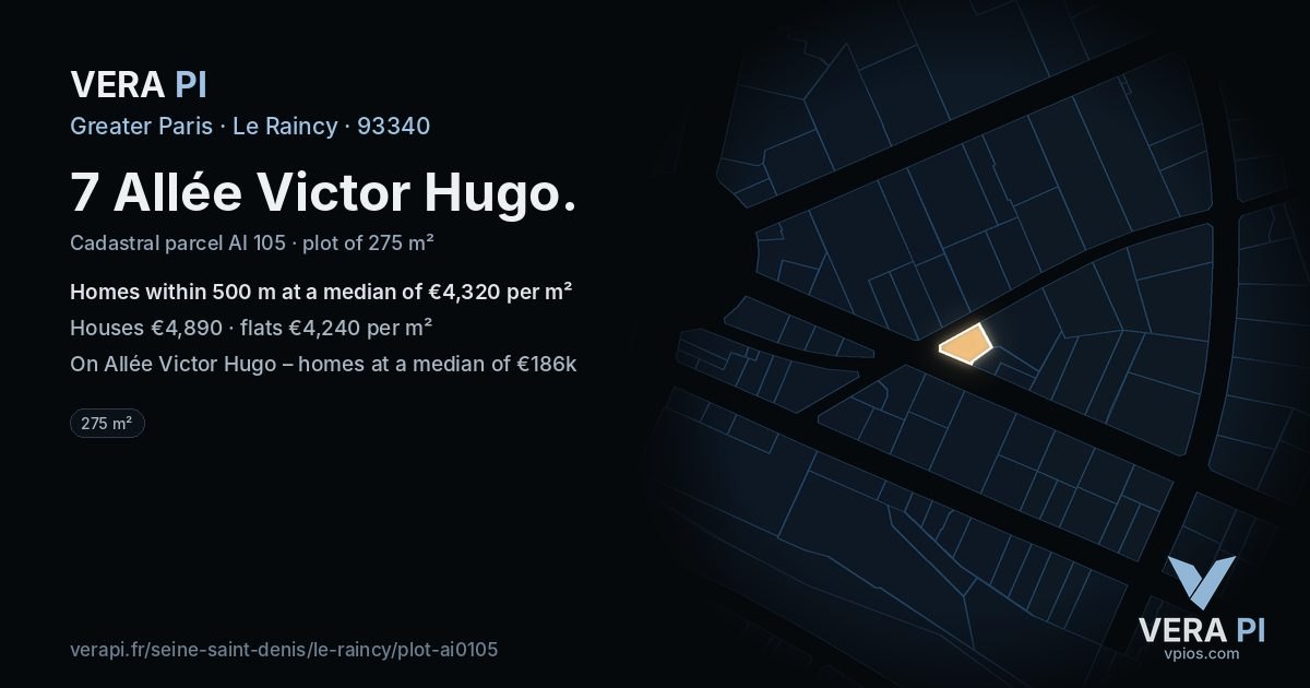 7 Allée Victor Hugo, Le Raincy at night – the plot lit, the parcels around coloured by the prices near them