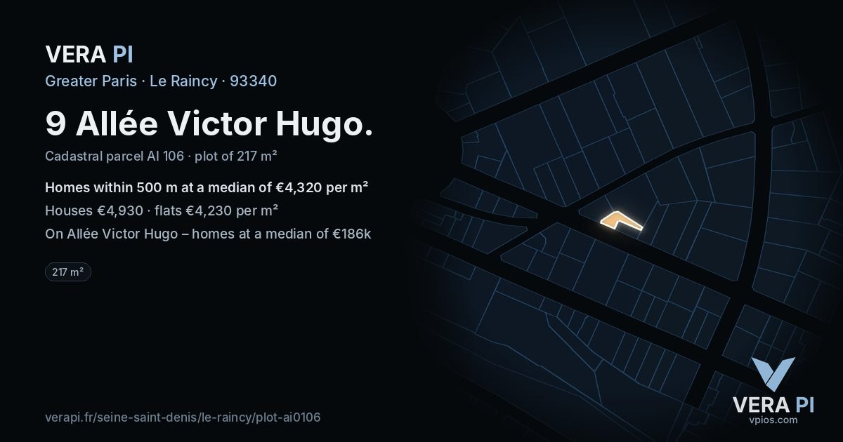 9 Allée Victor Hugo, Le Raincy at night – the plot lit, the parcels around coloured by the prices near them
