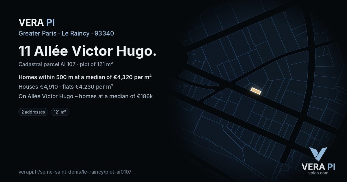 11 Allée Victor Hugo, Le Raincy at night – the plot lit, the parcels around coloured by the prices near them