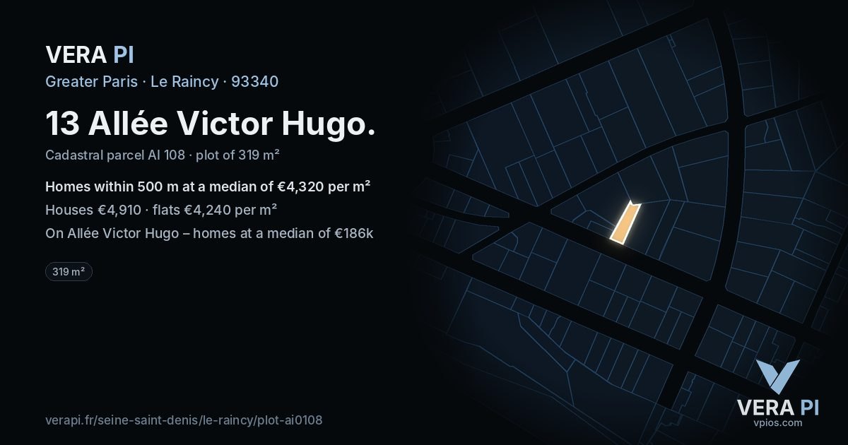13 Allée Victor Hugo, Le Raincy at night – the plot lit, the parcels around coloured by the prices near them