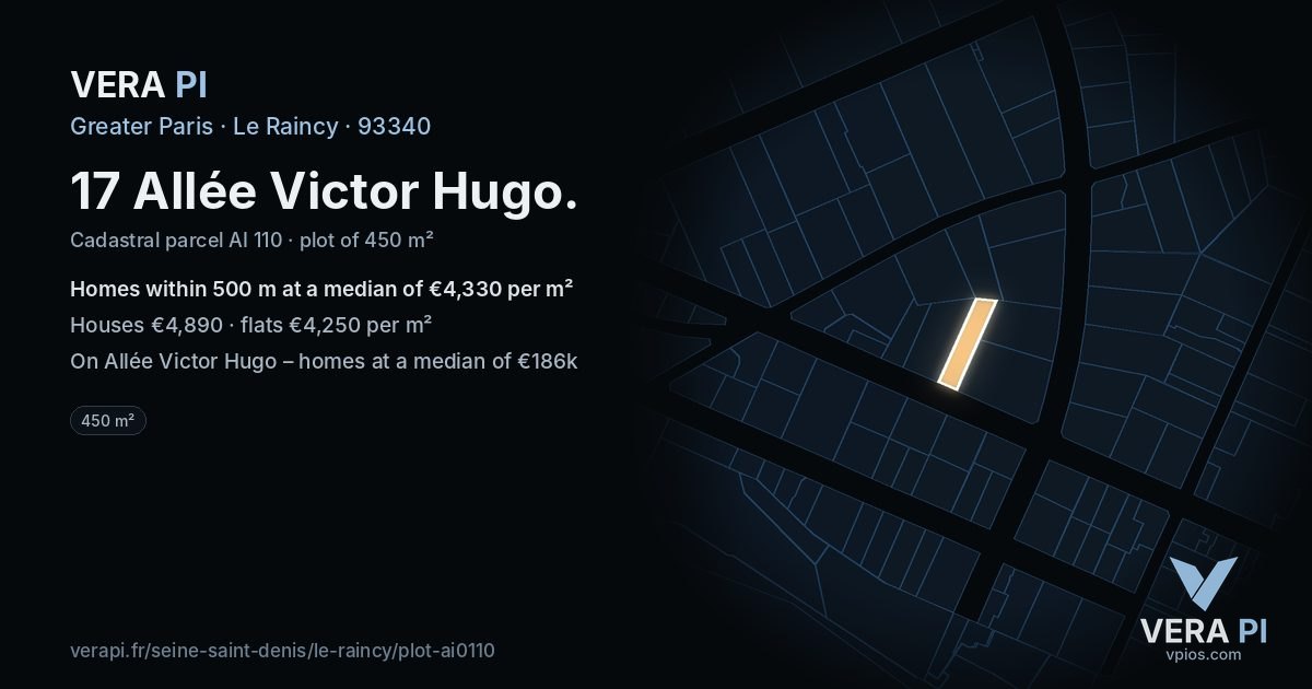 17 Allée Victor Hugo, Le Raincy at night – the plot lit, the parcels around coloured by the prices near them