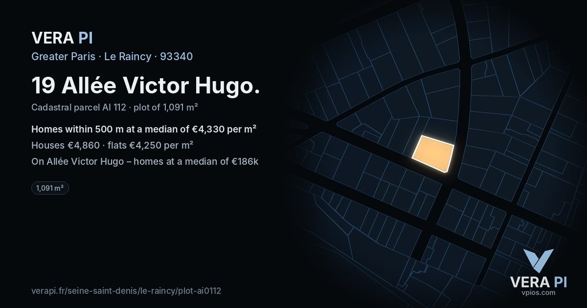 19 Allée Victor Hugo, Le Raincy at night – the plot lit, the parcels around coloured by the prices near them