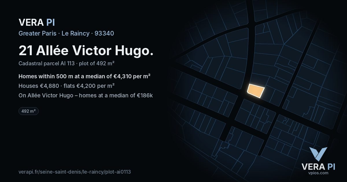 21 Allée Victor Hugo, Le Raincy at night – the plot lit, the parcels around coloured by the prices near them
