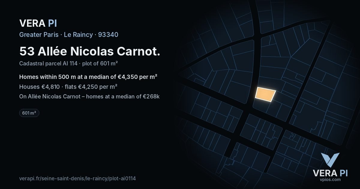 53 Allée Nicolas Carnot, Le Raincy at night – the plot lit, the parcels around coloured by the prices near them