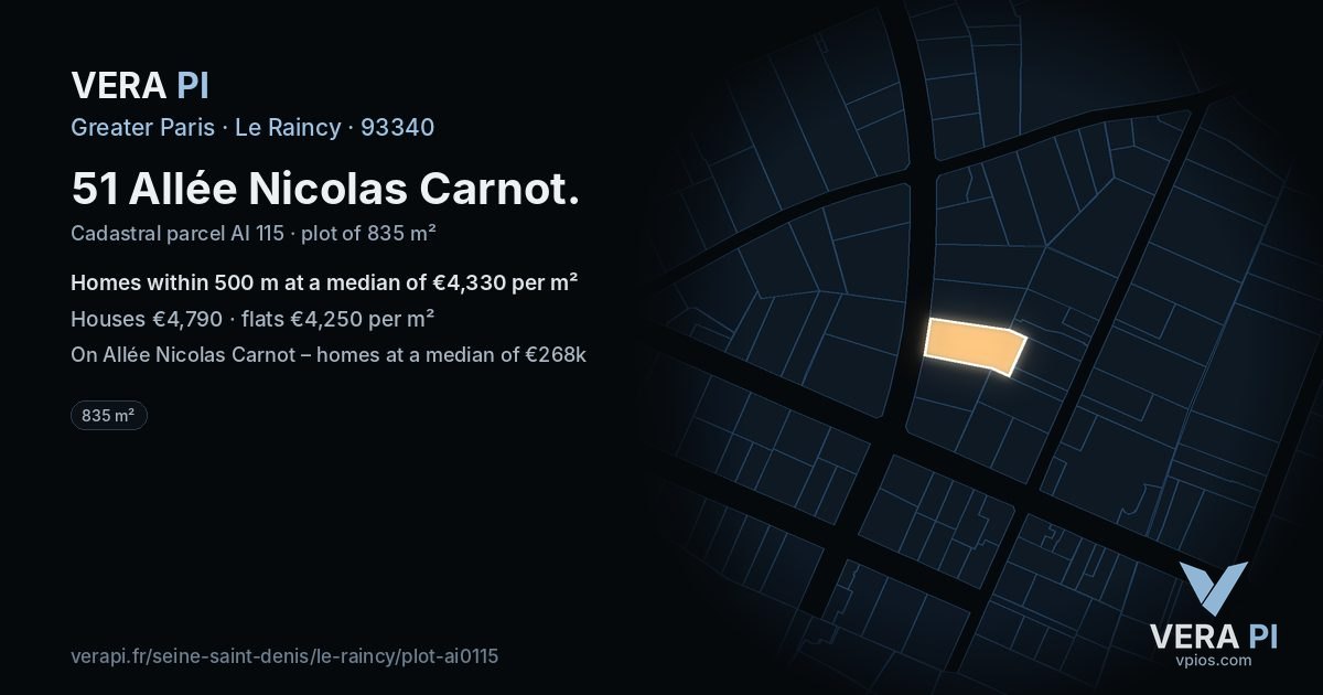 51 Allée Nicolas Carnot, Le Raincy at night – the plot lit, the parcels around coloured by the prices near them