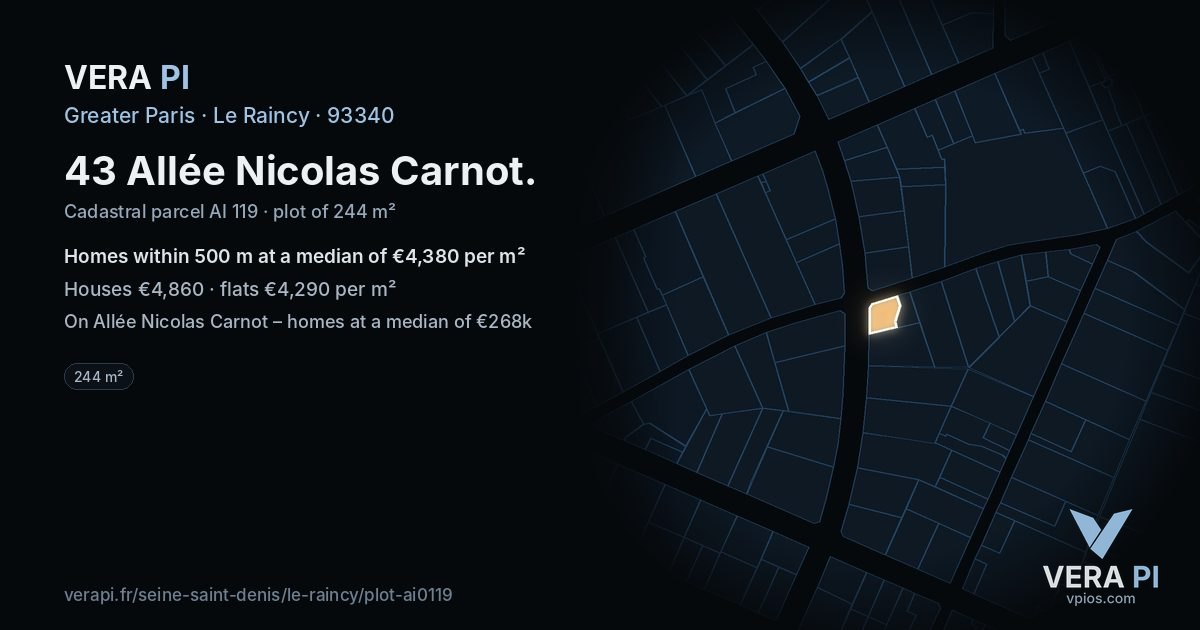 43 Allée Nicolas Carnot, Le Raincy at night – the plot lit, the parcels around coloured by the prices near them