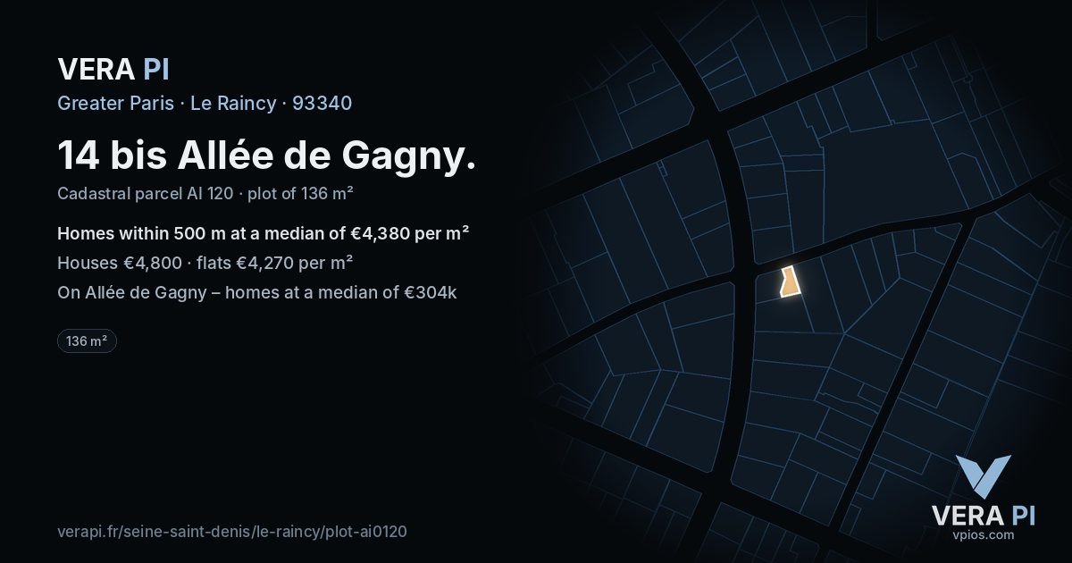 14 bis Allée de Gagny, Le Raincy at night – the plot lit, the parcels around coloured by the prices near them