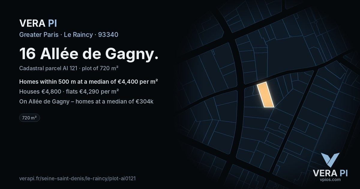 16 Allée de Gagny, Le Raincy at night – the plot lit, the parcels around coloured by the prices near them