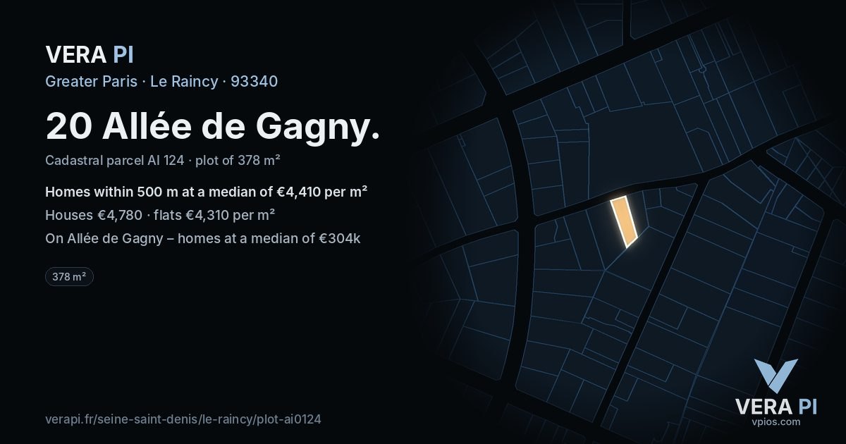 20 Allée de Gagny, Le Raincy at night – the plot lit, the parcels around coloured by the prices near them