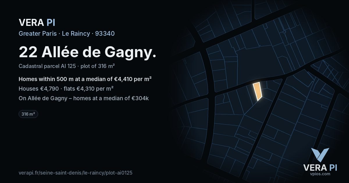 22 Allée de Gagny, Le Raincy at night – the plot lit, the parcels around coloured by the prices near them