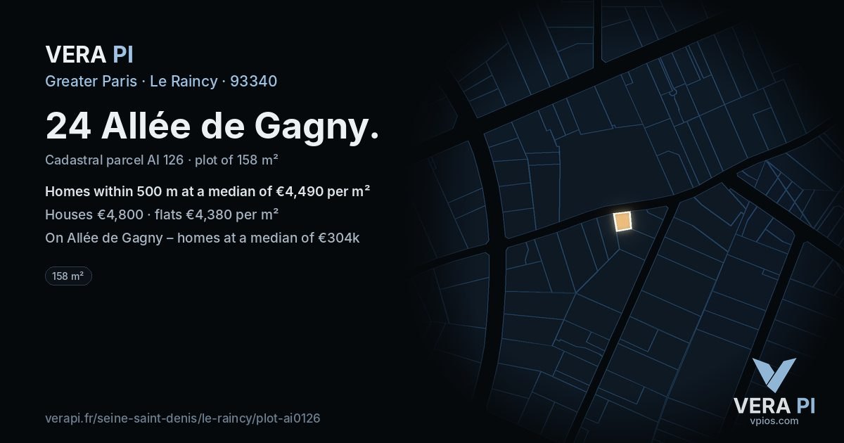 24 Allée de Gagny, Le Raincy at night – the plot lit, the parcels around coloured by the prices near them