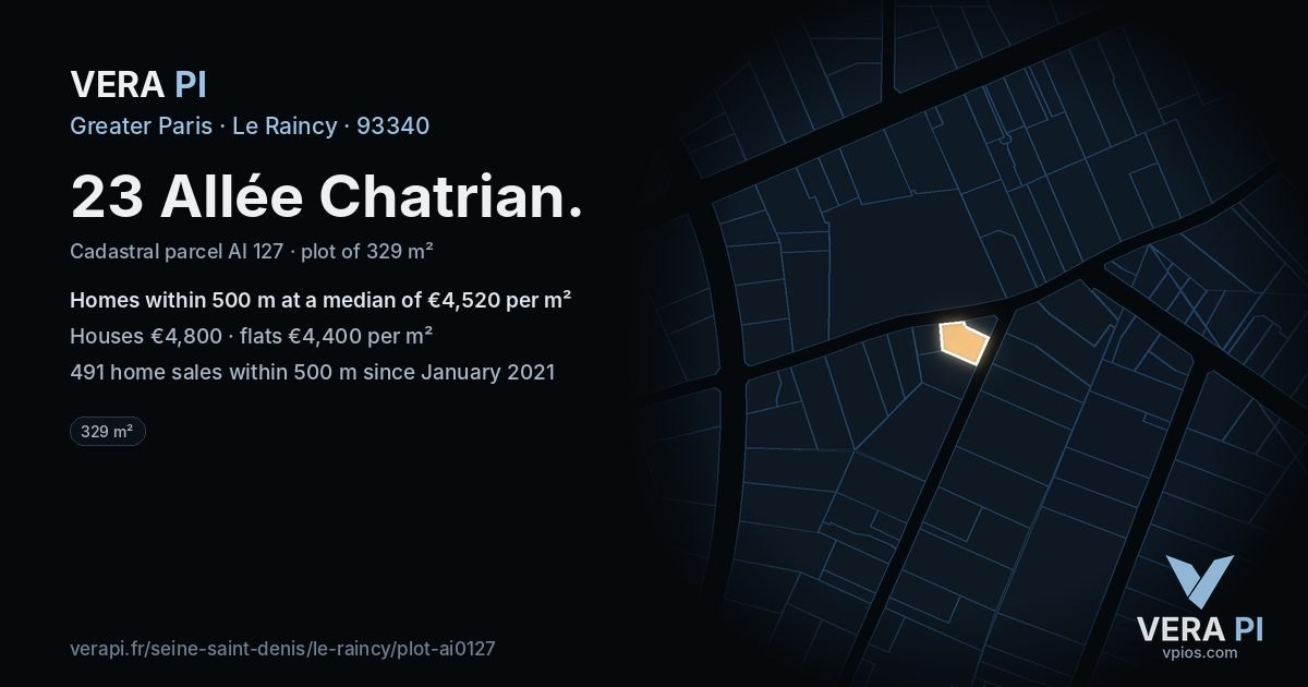 23 Allée Chatrian, Le Raincy at night – the plot lit, the parcels around coloured by the prices near them