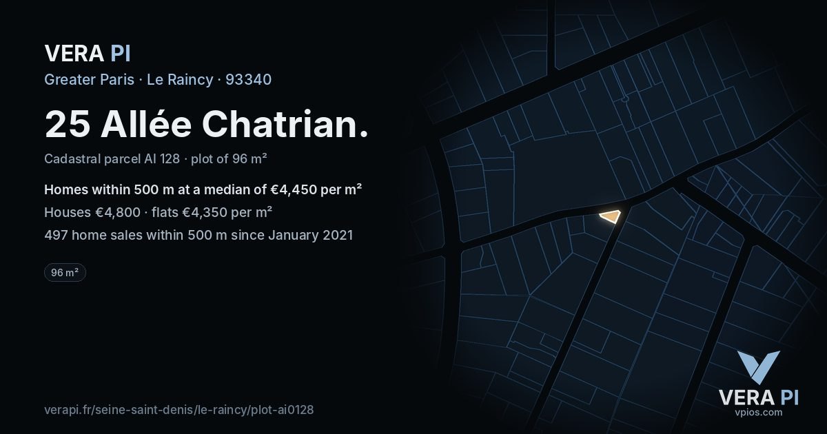 25 Allée Chatrian, Le Raincy at night – the plot lit, the parcels around coloured by the prices near them