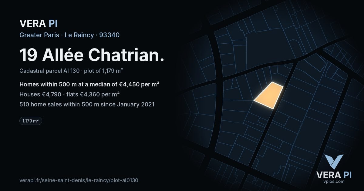 19 Allée Chatrian, Le Raincy at night – the plot lit, the parcels around coloured by the prices near them