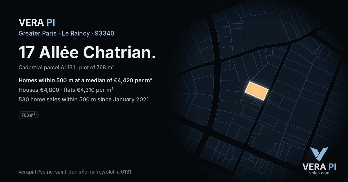 17 Allée Chatrian, Le Raincy at night – the plot lit, the parcels around coloured by the prices near them