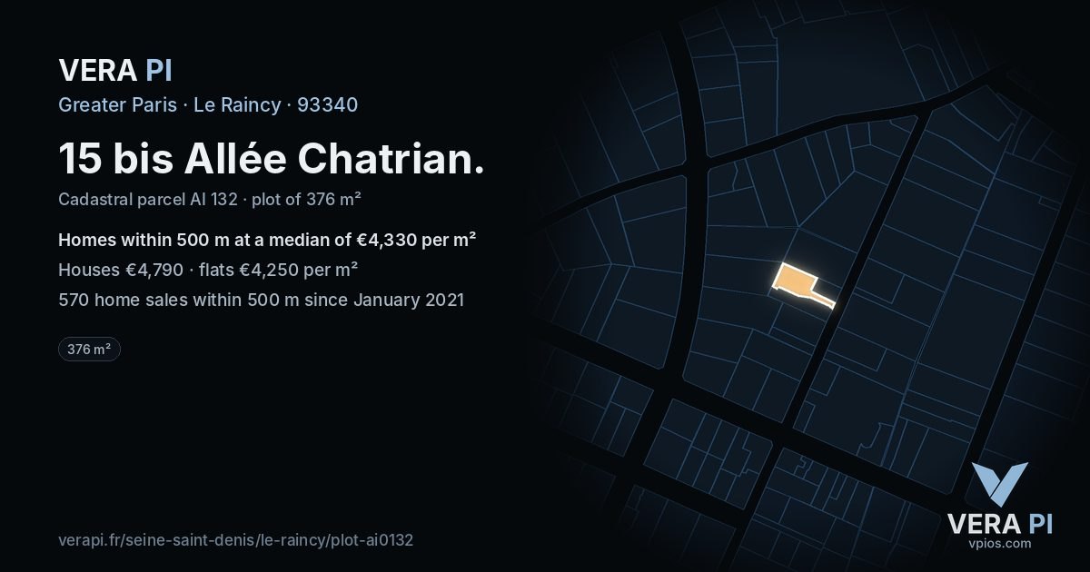 15 bis Allée Chatrian, Le Raincy at night – the plot lit, the parcels around coloured by the prices near them