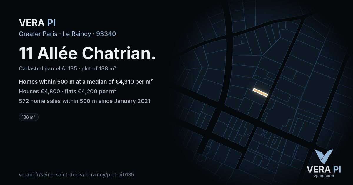 11 Allée Chatrian, Le Raincy at night – the plot lit, the parcels around coloured by the prices near them