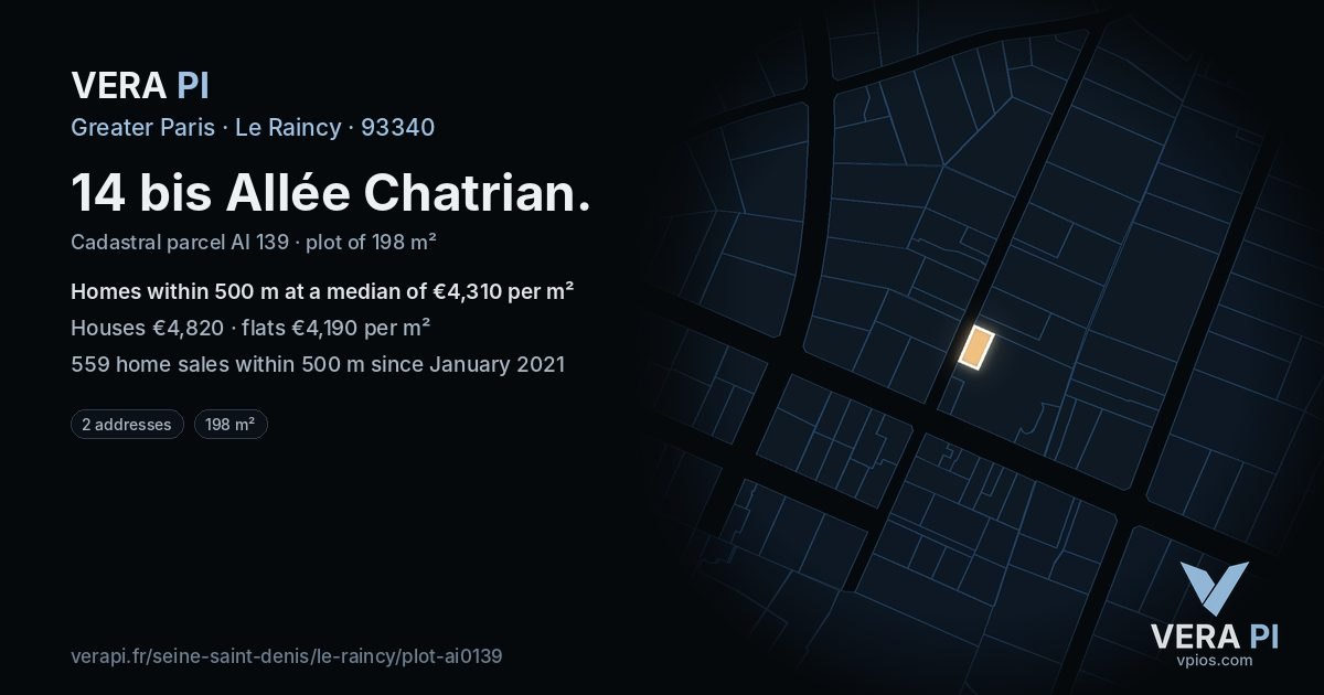 14 bis Allée Chatrian, Le Raincy at night – the plot lit, the parcels around coloured by the prices near them